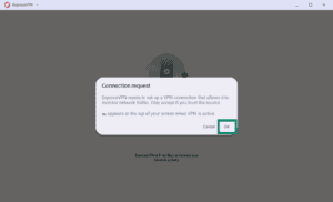 System "Connection request" permission dialog for setting up VPN connections, with the "OK" button highlighted in a green box.
