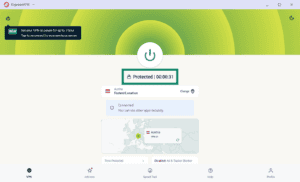 ExpressVPN main dashboard showing active protection, with the "Protected" status indicator highlighted in a green box.