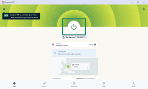 ExpressVPN main dashboard showing active protection connected to Austria, with the connection power button highlighted in a green box.