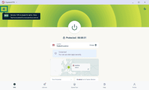 ExpressVPN interface showing active protection connected to Austria, with the pause timer button in the upper-left corner highlighted in a green box.