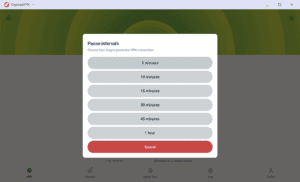 ExpressVPN "Pause intervals" modal dialog displaying duration options from 5 minutes to 1 hour with a red Cancel button.