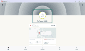 ExpressVPN interface showing connection paused with a countdown timer, with the central "Paused" status indicator highlighted in a green box.