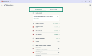 ExpressVPN "VPN Locations" menu screen, with the "RECOMMENDED" and "ALL LOCATIONS" tab selector highlighted in a green box.