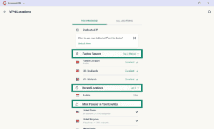 ExpressVPN "VPN Locations" recommended view, with section headers for "Fastest Servers", "Recent Locations", and "Most Popular in Your Country" highlighted in green boxes.