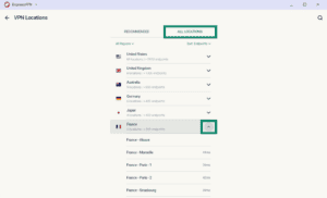 ExpressVPN "VPN Locations" screen under "ALL LOCATIONS", with the tab navigation header and the expanded dropdown arrow for France highlighted in green boxes.