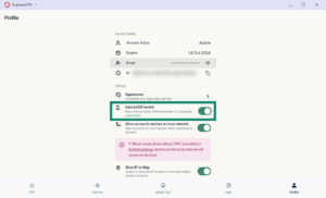 ExpressVPN Profile settings screen, with the "Internet Kill Switch" toggle setting highlighted in a green box.