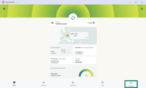 ExpressVPN main dashboard with Austria selected, with the "Profile" bottom navigation tab highlighted in a green box.