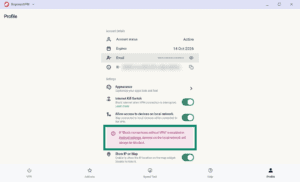 ExpressVPN Profile settings screen, with the warning box for Android local network blocking highlighted in a green box.