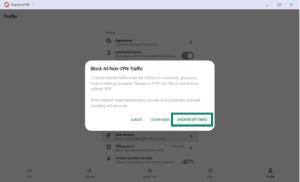 ExpressVPN "Block All Non-VPN Traffic" dialog modal, with the "ANDROID SETTINGS" button highlighted in a green box.