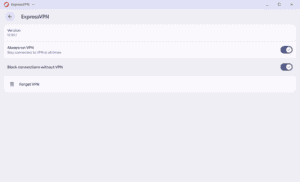 Android ExpressVPN system settings page displaying enabled toggles for "Always-on VPN" and "Block connections without VPN".
