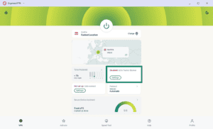 ExpressVPN main dashboard with Austria selected, with the "Disabled: Ad & Tracker Blocker" settings card highlighted in a green box.