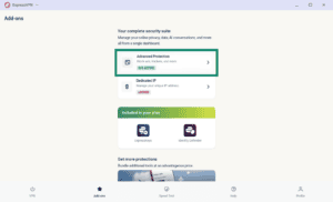 ExpressVPN Add-ons page, with the "Advanced Protection" option highlighted in a green box.
