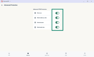 ExpressVPN Advanced Protection settings screen, with enabled toggles for blocking ads, malicious sites, trackers, and adult sites highlighted in a green box.