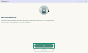 ExpressVPN "Permissions Required" location setup screen, with the "OK" action button highlighted in a green box.