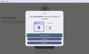 System location permission prompt for ExpressVPN, with the "While using the app" selection button highlighted in a green box.