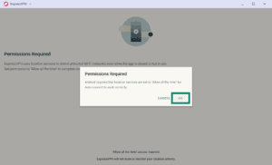 ExpressVPN "Permissions Required" Android location permission popup, with the "OK" button highlighted in a green box.