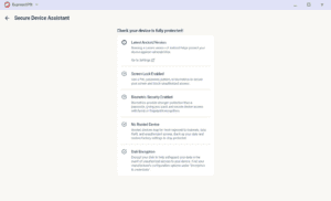 ExpressVPN "Secure Device Assistant" checklist screen displaying device security recommendations.