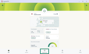ExpressVPN main dashboard with Austria selected, with the "Speed Test" bottom navigation tab highlighted in a green box.