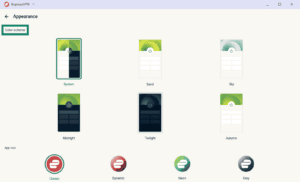 ExpressVPN Appearance settings screen, with the "Color scheme" header highlighted in a green box.