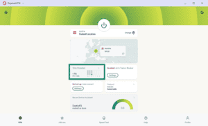 ExpressVPN main dashboard with Austria selected, with the "Time Protected" metric card highlighted in a green box.