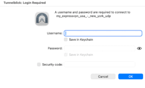 Tunnelblick's login pop-up for the ExpressVPN USA New York UDP server.