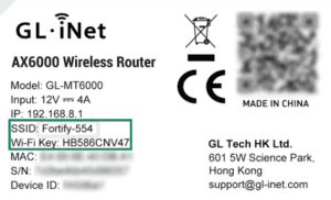 Fortify router label showing the default Wi-Fi network name and Wi-Fi key highlighted.