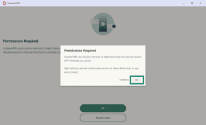 ExpressVPN "Permissions Required" confirmation popup dialog, with the "OK" button highlighted in a green box.