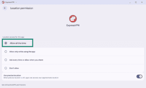 Android system "Location permission" settings page for ExpressVPN, with the "Allow all the time" option highlighted in a green box.