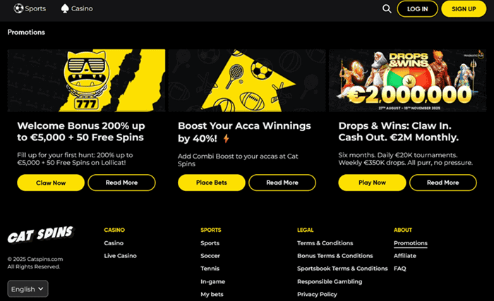 Cat Spins Casino Promotions: welcome bonus, cashback, VIP rewards, free bets 