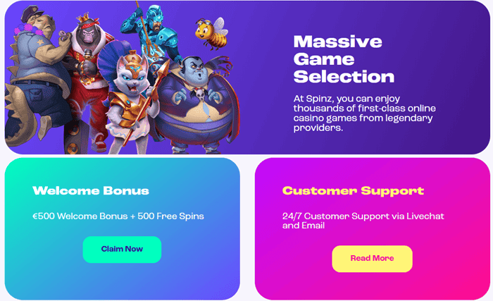 Enjoy Spinz Casino Welcome Offer with 500 free spins! 