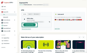 ExpressVPN+ dashboard showing Download Now button highlighted.