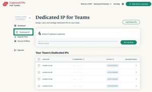 ExpressVPN for Teams dashboard showing Dedicated IP highlighted.