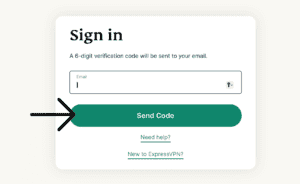 "Send code" option highlighted on the ExpressVPN login page.