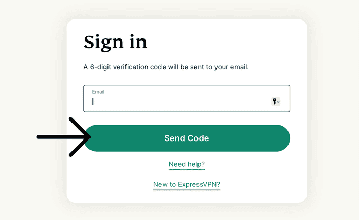 "Send code" option highlighted on the ExpressVPN login page.