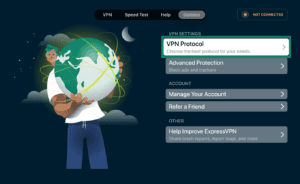 ExpressVPN Options menu, with the "VPN Protocol" setting highlighted in a green box.