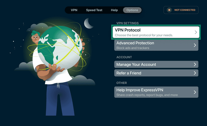 ExpressVPN Options menu, with the "VPN Protocol" setting highlighted in a green box.