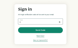 The ExpressVPN+ portal sign-in screen, showing the option to send a verification code.