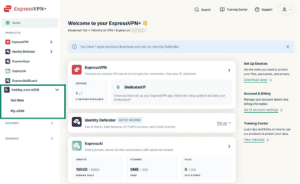 ExpressVPN+ dashboard showing holiday.com eSIM store and my eSIM.