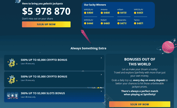 Spinfinity Casino Jackpot Winners 