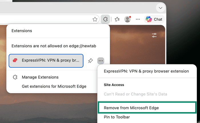 Microsoft Edge extension options menu with Remove from Microsoft Edge highlighted.