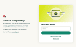 ExpressKeys's browser extension sign-in screen, showing a verification code field and a "Next" button.
