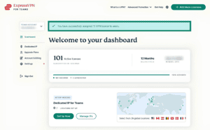 ExpressVPN for Teams admin dashboard, showing a highlighted notification about licensed being successfully assigned to users.