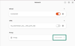 Linux Network settings, with the “Automatic” option in the Proxy section highlighted.