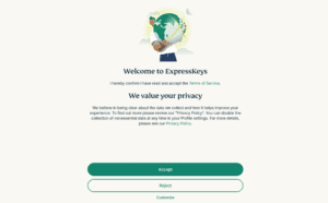 ExpressKeys welcome screen, showing the terms of service and privacy policy notification page.