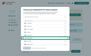 Dedicated IP for Teams showing how to select a location.