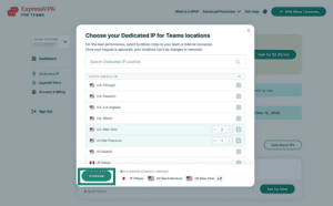 Dedicated IP for Teams showing how to select a location with the Continue button highlighted.