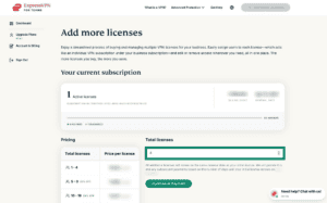 The "Add more licenses" page in the ExpressVPN for Teams dashboard, with a highlighted field for number of licenses.