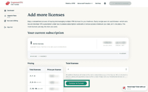 The "Add more licenses" page in the ExpressVPN for Teams dashboard, with a highlighted "Continue to Payment" button.