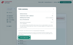 ExpressVPN for Teams admin dashboard, showing an order summary for buying additional licenses. The "Confirm Subscription" button is highlighted.