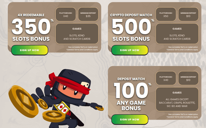 Slots Ninja 350% Bonus and 120 Free Spins, 500 Crypto Bonus, and 100% Slot Bonus 
